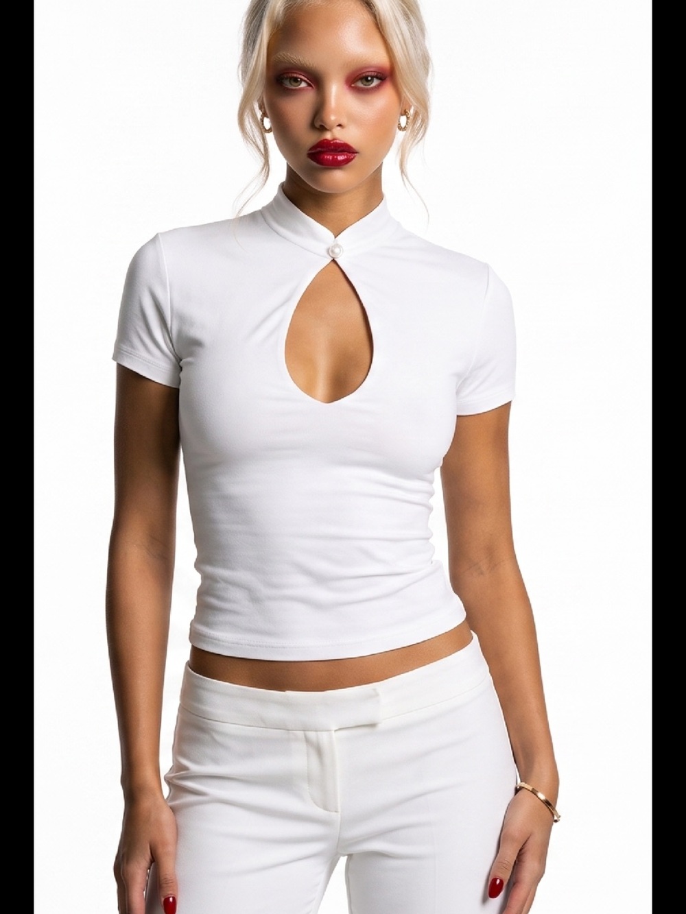 Pearl-Button White Keyhole Crop Top